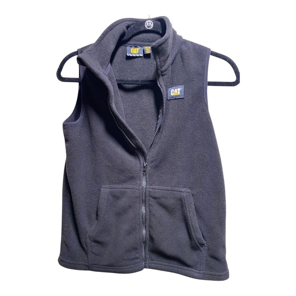 CAT Caterpillar Kids Fleece Vest Size 10/12 Black Full Zip Workwear Logo Pockets